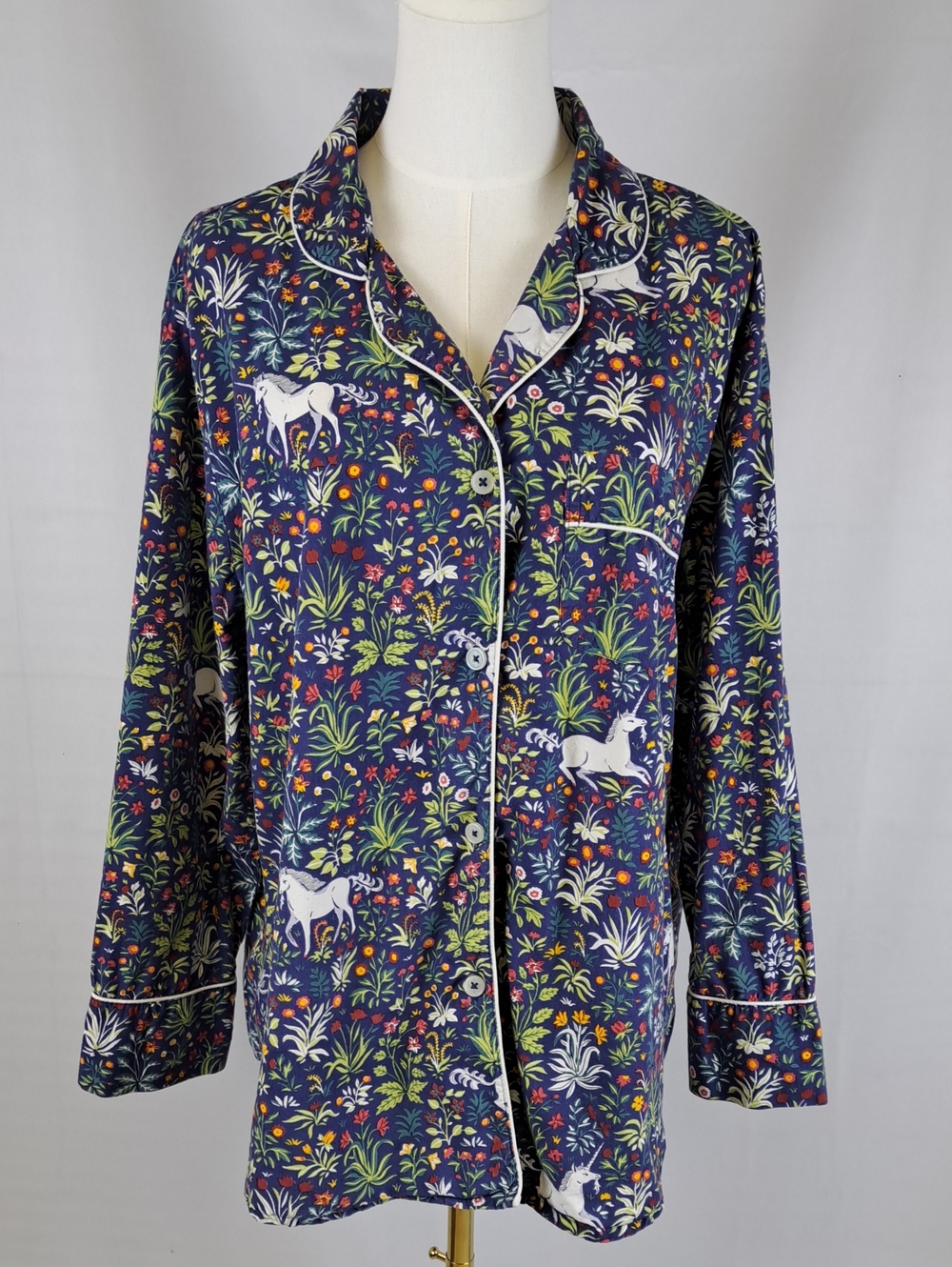 Printfresh Navy Blue Unicorn's Garden Organic Cotton Poplin Pajama Top Size L
